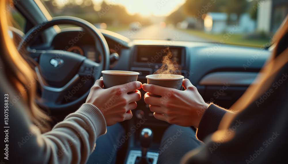 Couple enjoying warm coffee in car, romantic mood, sunset background