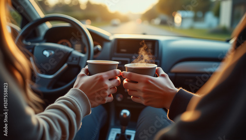 Obraz na płótnie Couple enjoying warm coffee in car, romantic mood, sunset background w salonie