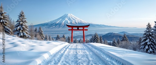 Wallpaper Mural Picturesque view of a traditional Japanese torii gate standing in a snowy landscape, framed by snow-laden pine trees. Majestic Mount Fuji rises in the background beneath a radiant winter sky.

 Torontodigital.ca