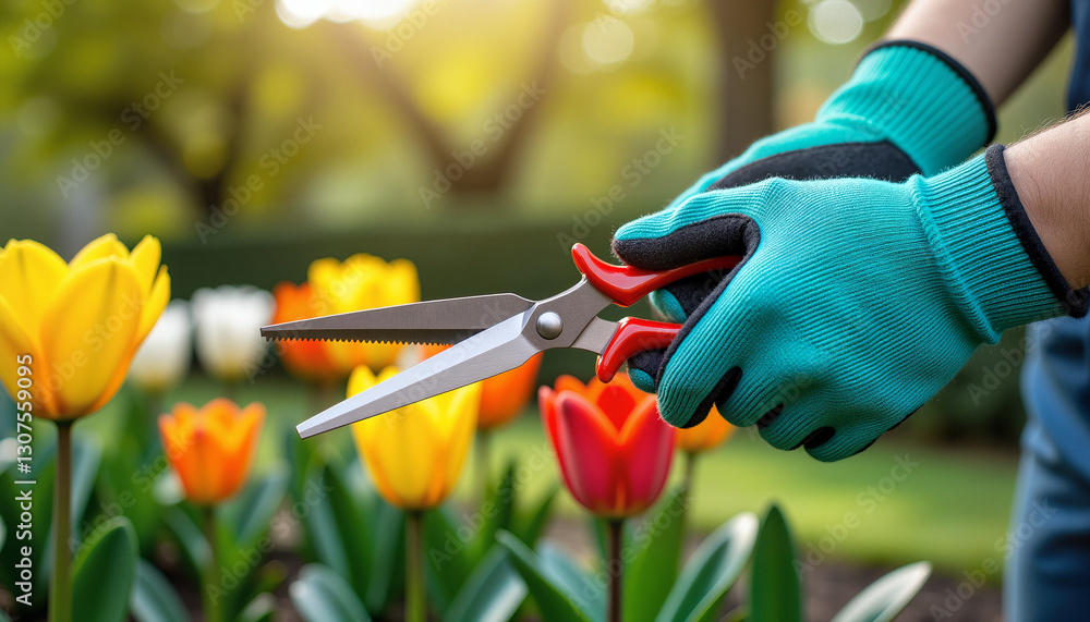 Gardener pruning tulips with scissors, focused mood, vibrant floral background