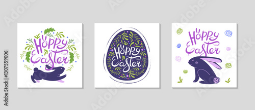 Happy Easter cards set. Greeting square post background for Social media. Holidays spring invitation. Easter eggs in doodle style, spring flowers and rabbit. Vector flat illustration.