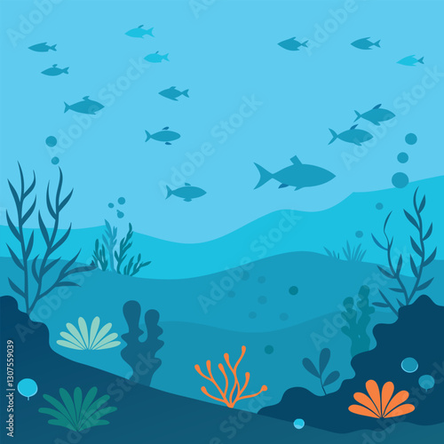 Minimalist Underwater Illustration with Oceanic Life

