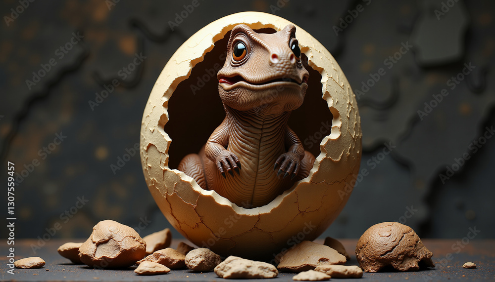Dinosaur toy hatching from egg, playful mood, textured background