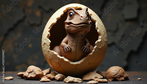 Dinosaur toy hatching from egg, playful mood, textured background
