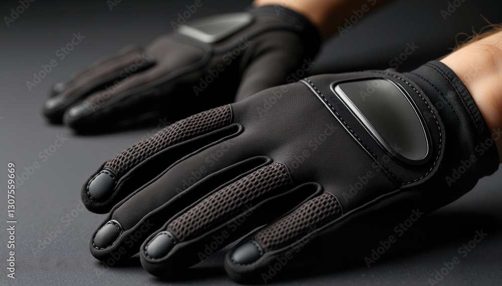 Black sports gloves on surface, protective style, detailed texture