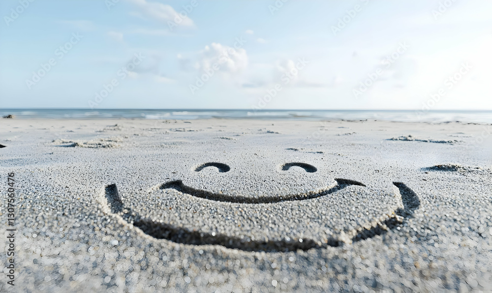 Obraz premium Sand Smile on Beach With Calm Sea and Clouds in Bright Daylight