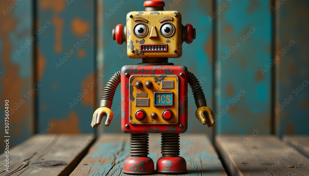 Vintage toy robot with detailed features, nostalgic mood, rustic background