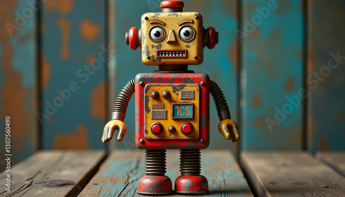 Obraz na płótnie Vintage toy robot with detailed features, nostalgic mood, rustic background w salonie