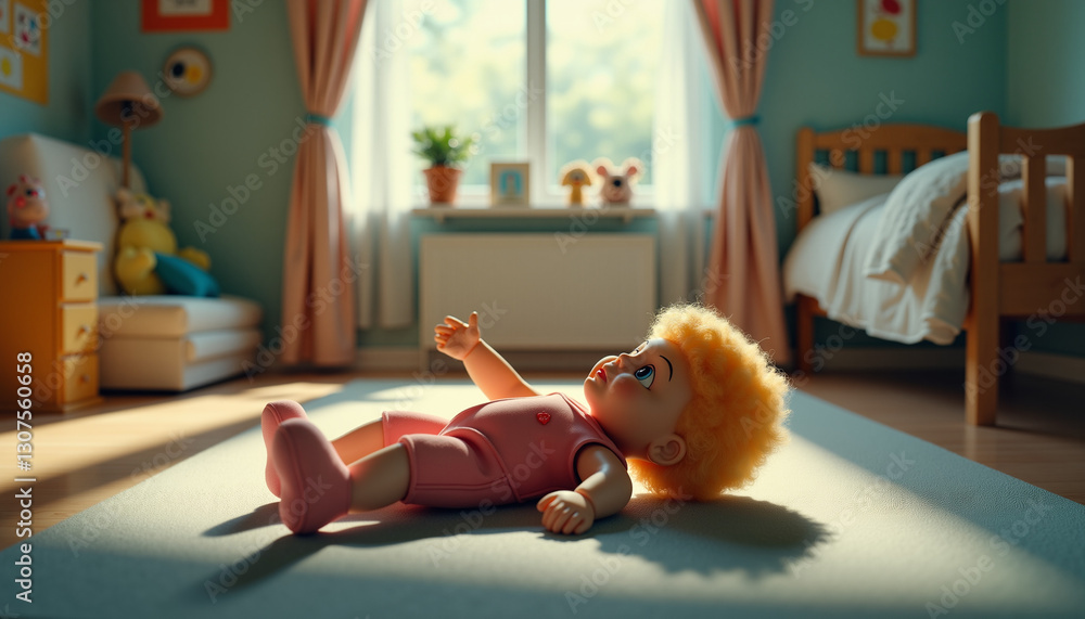 Doll lying on play mat in sunny room, playful mood, cozy children's bedroom