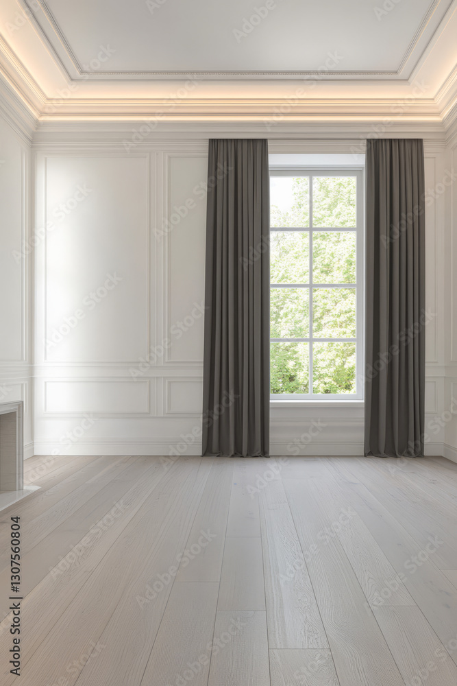 Fototapeta premium Modern empty room with large window and elegant curtains offering natural light