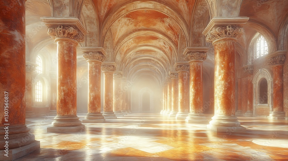 Fototapeta premium Golden sunlight illuminates majestic marble hall serene atmosphere. AI Generated