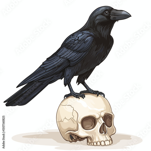 Black crow raven standing on a human skull. Vector illustration for Halloween. Witch magical totem animal, afterlife. Symbol of death, witchcraft, mysticism isolated on a white background