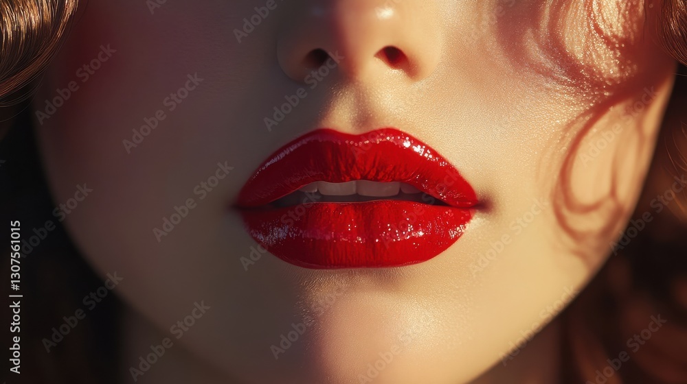 Close-up of female lips with glossy red lipstick highlighting beauty concept Close-up of female lips with glossy red lipstick highlighting beauty concept
