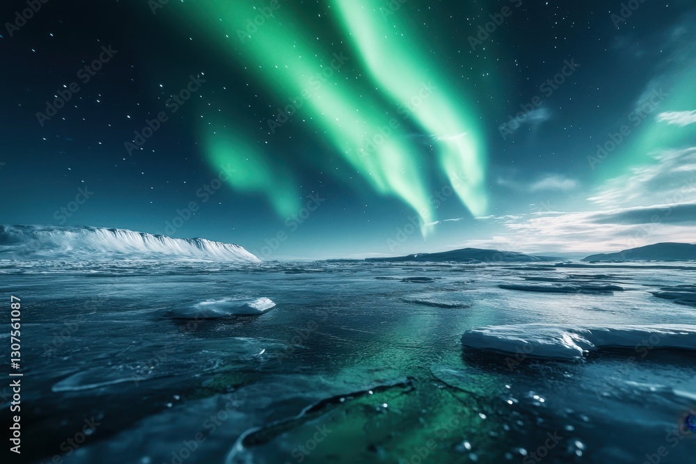 Naklejka premium Vivid northern lights illuminating a tranquil frozen landscape at night