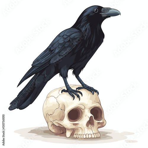 Black crow raven standing on a human skull. Vector illustration for Halloween. Witch magical totem animal, afterlife. Symbol of death, witchcraft, mysticism isolated on a white background