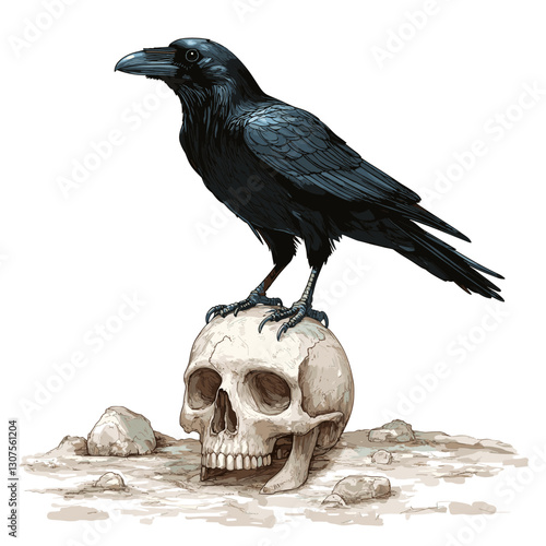 Black crow raven standing on a human skull. Vector illustration for Halloween. Witch magical totem animal, afterlife. Symbol of death, witchcraft, mysticism isolated on a white background