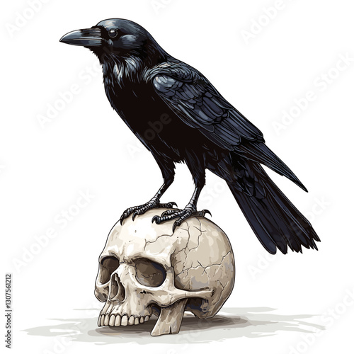 Black crow raven standing on a human skull. Vector illustration for Halloween. Witch magical totem animal, afterlife. Symbol of death, witchcraft, mysticism isolated on a white background