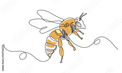 One continuous line drawing of honey bee. One line art. Simple linear style. Doodle vector illustration. Minimalist design. Isolated on a white background