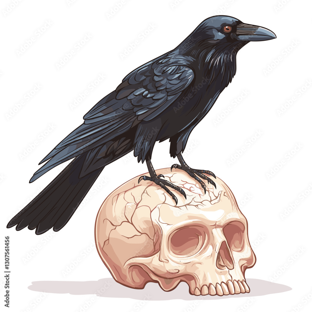 Fototapeta premium Black crow raven standing on a human skull. Vector illustration for Halloween. Witch magical totem animal, afterlife. Symbol of death, witchcraft, mysticism isolated on a white background