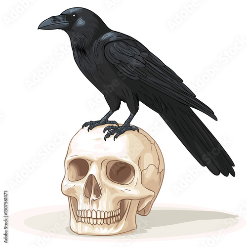 Black crow raven standing on a human skull. Vector illustration for Halloween. Witch magical totem animal, afterlife. Symbol of death, witchcraft, mysticism isolated on a white background