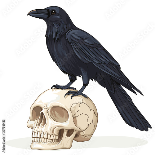 Black crow raven standing on a human skull. Vector illustration for Halloween. Witch magical totem animal, afterlife. Symbol of death, witchcraft, mysticism isolated on a white background