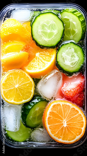 Chilled citrus & cucumber slices in water; refreshing summer drink prep photo