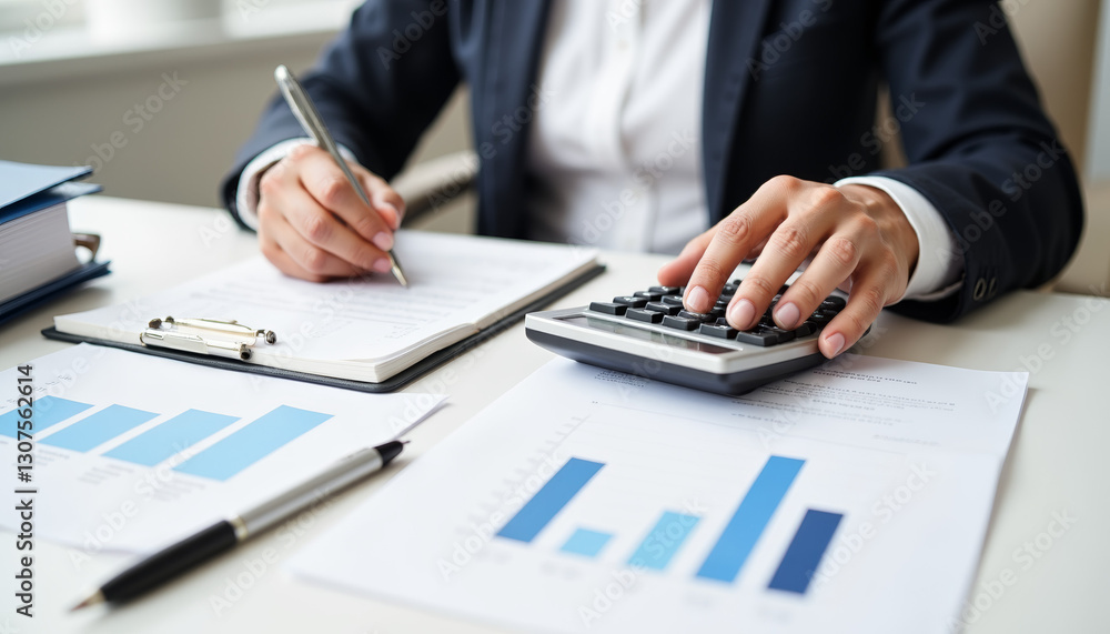 Financial consultant analyzing tax documents with calculator, professionalism Financial consultant analyzing tax documents with calculator, professionalism