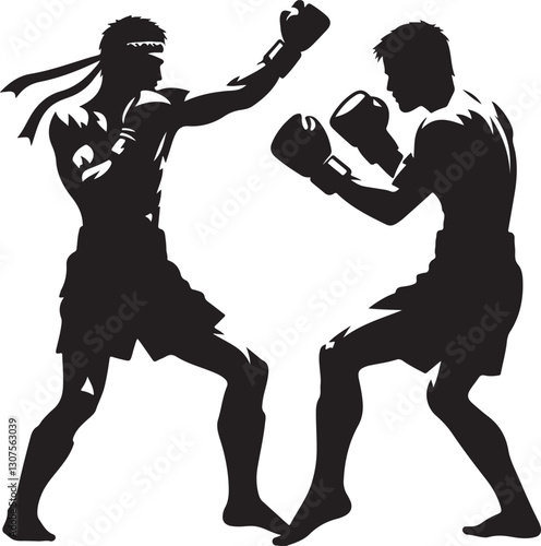 Silhouettes of fights with martial arts fists