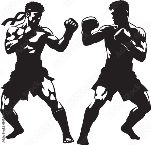 Silhouettes of fights with martial arts fists