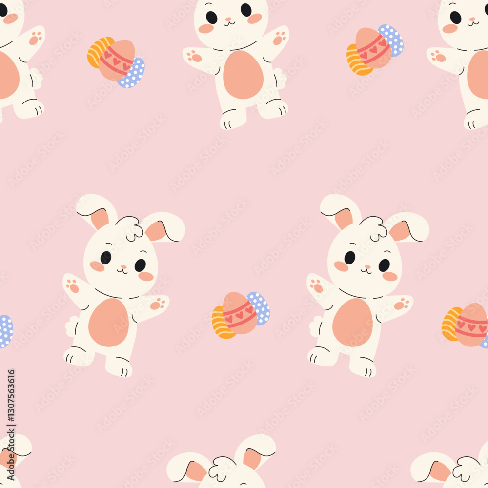Obraz premium Seamless pattern of Easter bunnies with eggs, perfect for holiday, spring, and festive design projects.