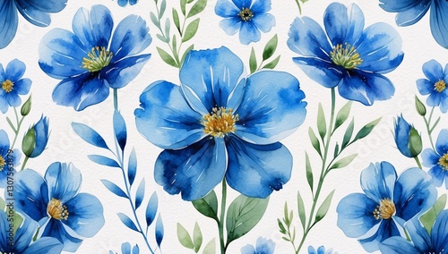 Wallpaper Mural Watercolor Blue Flowers Seamless Pattern Background Torontodigital.ca