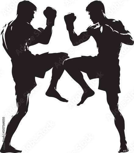 Silhouettes of fights with martial arts fists