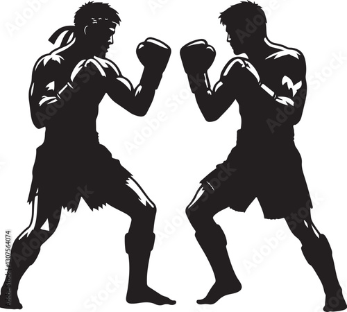 Silhouettes of fights with martial arts fists