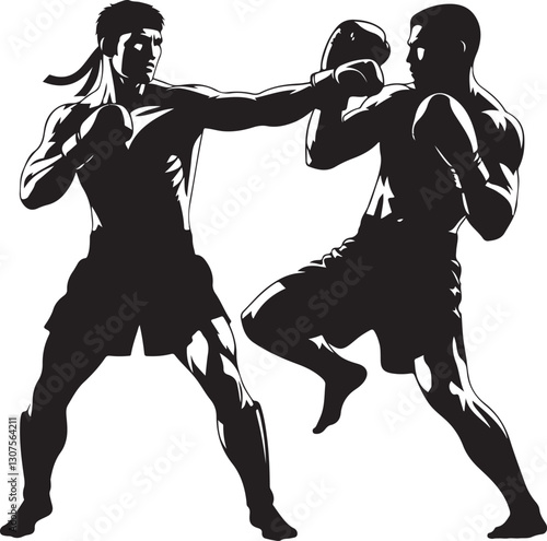Silhouettes of fights with martial arts fists