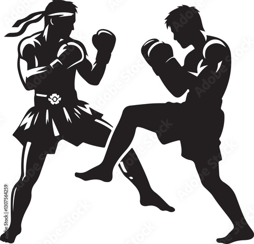 Silhouettes of fights with martial arts fists