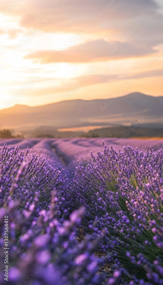 Obraz premium Stunning lavender field at sunset with rolling hills, warm breeze, and distant mountains in pastels