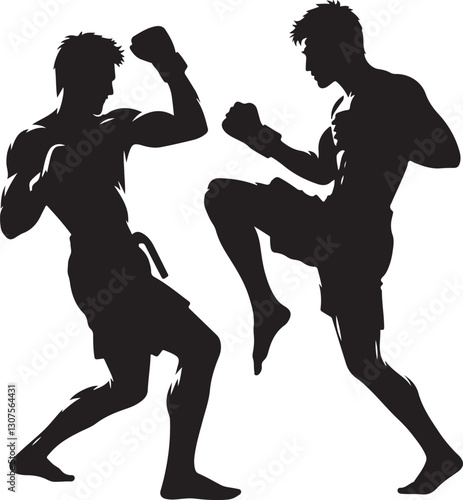 Silhouettes of fights with martial arts fists