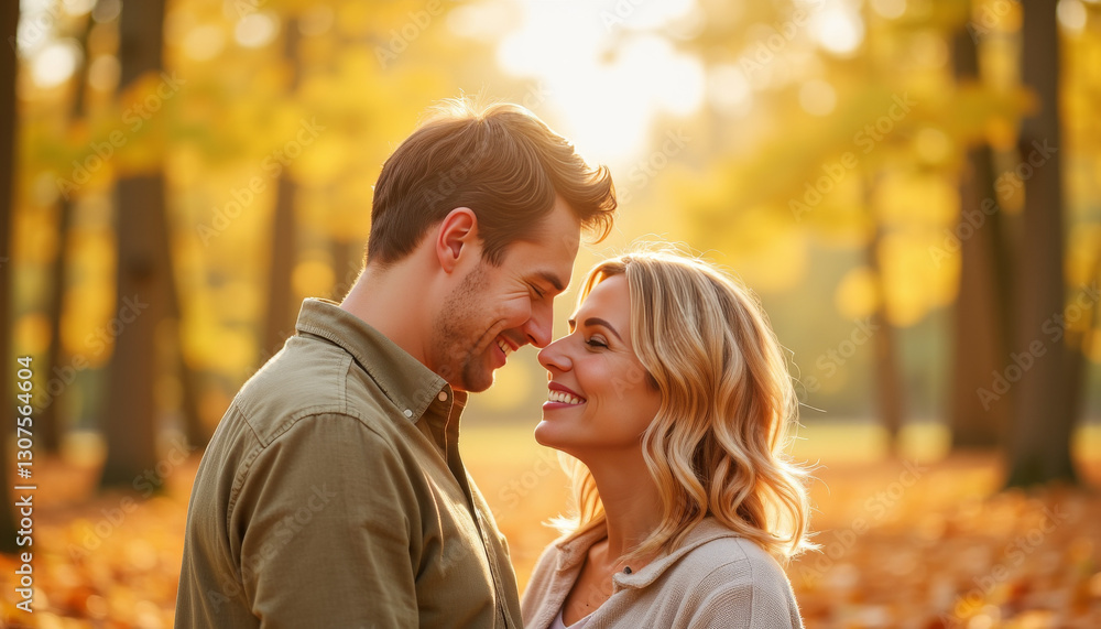 Fototapeta premium Joyful connection between couple amidst autumn leaves, celebrating love