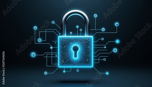 3D-rendered metallic padlock with holographic encryption patterns, security concept