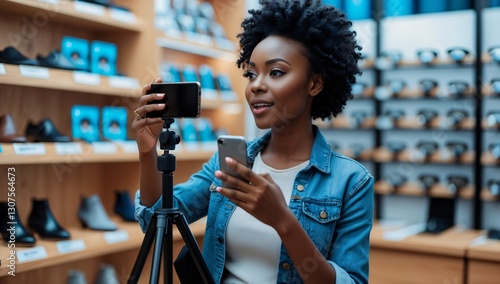 Young African American Woman Recording Video Review of Shoes in Retail Store