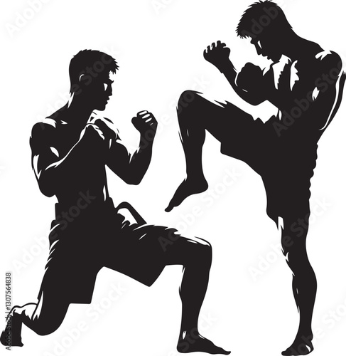 Silhouettes of fights with martial arts fists