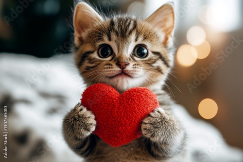 Cute pixiebob feline infant cub with diamond red heart at cozy quarters. Marketing domestic animal idea. Pixiebob - my treasured cat, symbol of care. Valentine's cat companionship. photo