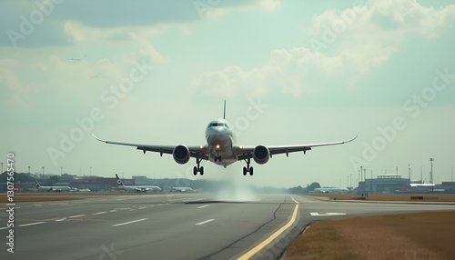 an airplane taking off and gaining altitude
