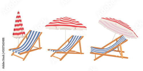 Set with folding beach chair with umbrella. Hand drawn beach and garden furniture.	