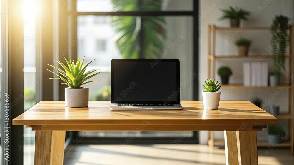An eco-friendly office setup with a potted succulent on a bamboo desk, light streaming in from a large window, emphasizing simplicity. An eco-friendly office setup with a potted succulent on a bamboo desk, light streaming in from a large window, emphasizing simplicity.