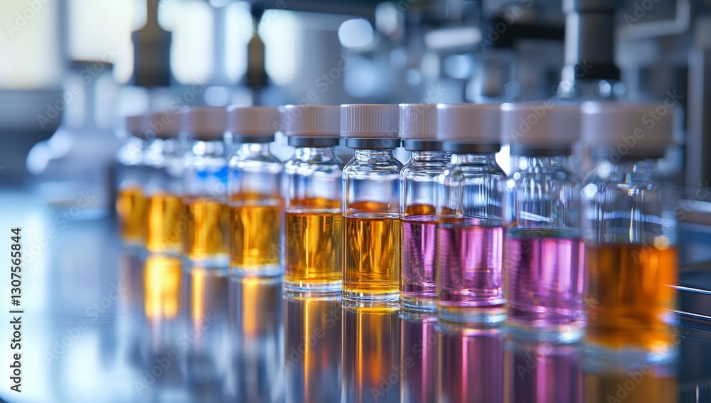 Colored vials lined up on lab bench Colored vials lined up on lab bench