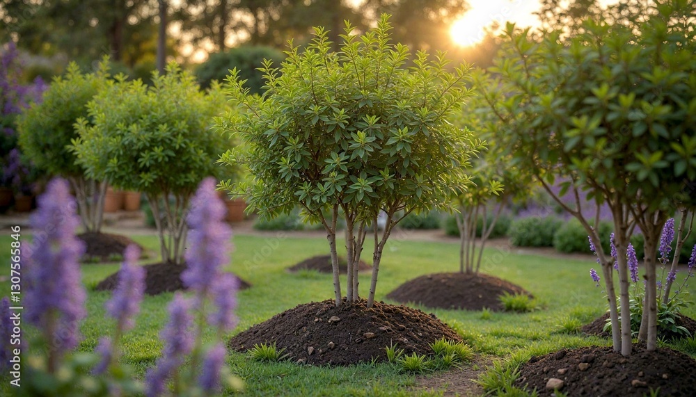 Fototapeta premium Serene Garden at Sunset with Purple Flowers
