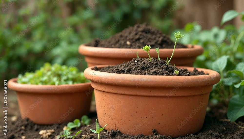 Fototapeta premium Terracotta Pots with Green Plants in Garden