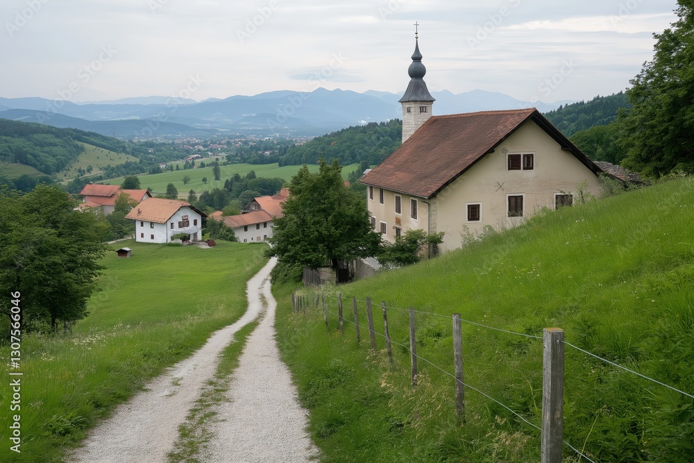 A road leads to a house with a steeple. The house is surrounded by a lush green field A road leads to a house with a steeple. The house is surrounded by a lush green field