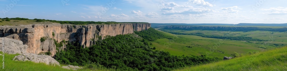 A beautiful landscape with a green hillside and a cliff. The sky is blue and the sun is shining A beautiful landscape with a green hillside and a cliff. The sky is blue and the sun is shining